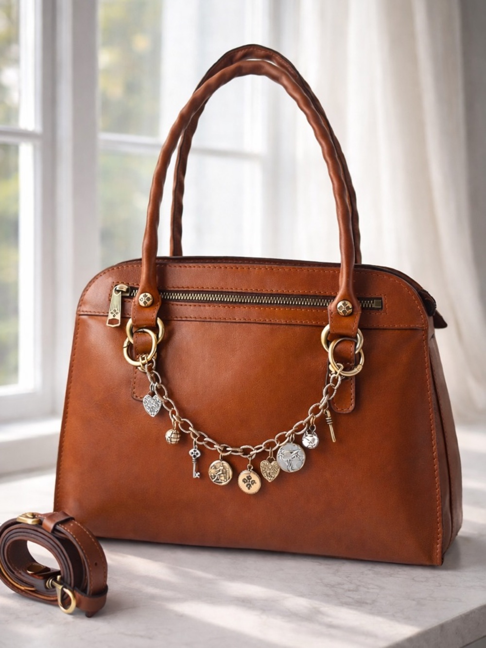 Patricia Nash Leather Calvi Handbag Crossbody Brown Tan W Chain